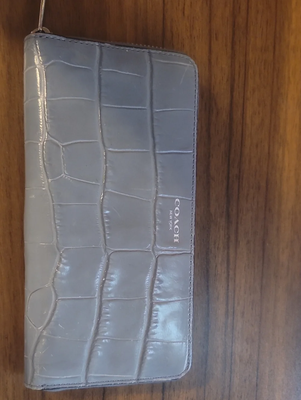Coach Light Gray Croc-Embossed Zip Wallet